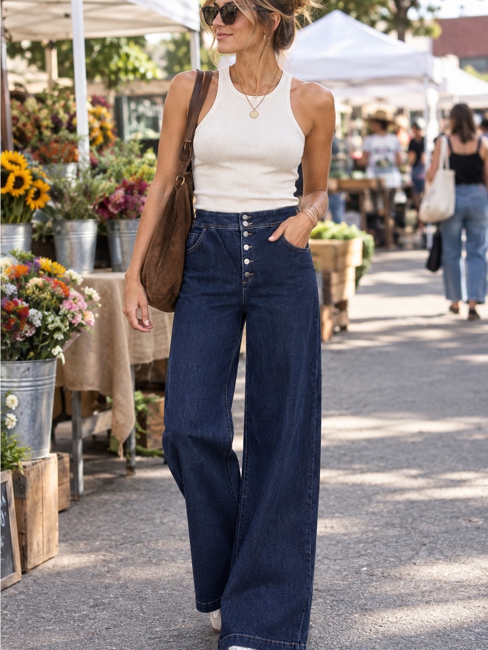High-Rise Wide-Leg Dark Blue Women's Jeans with Button Front